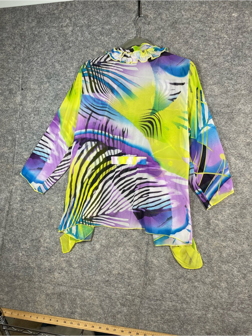 VTG City Girl Y2K Silk Ruffle Cardigan Neon Abstract Medium Resort Boho Festival - Picture 11 of 16